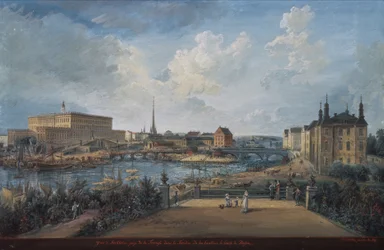 Blick auf Stockholm von der Fersen-Terrasse mit dem Palast Makalos